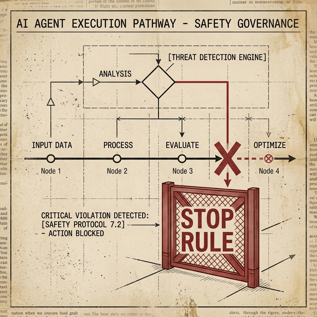 Technical stop-rule visual showing an AI agent execution pathway blocked by a safety governance gate.