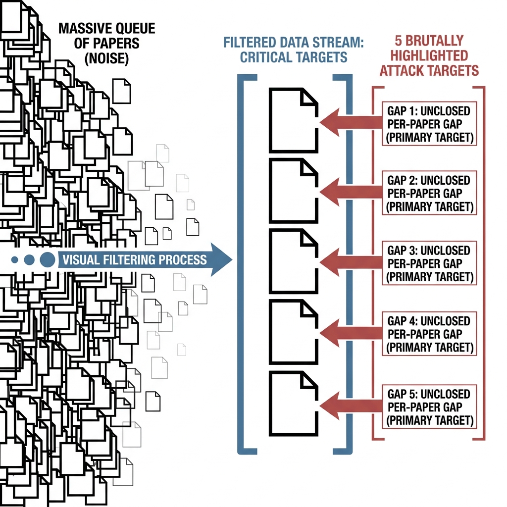 Priority flow visual filtering a large paper queue into five unresolved per-paper attack targets.