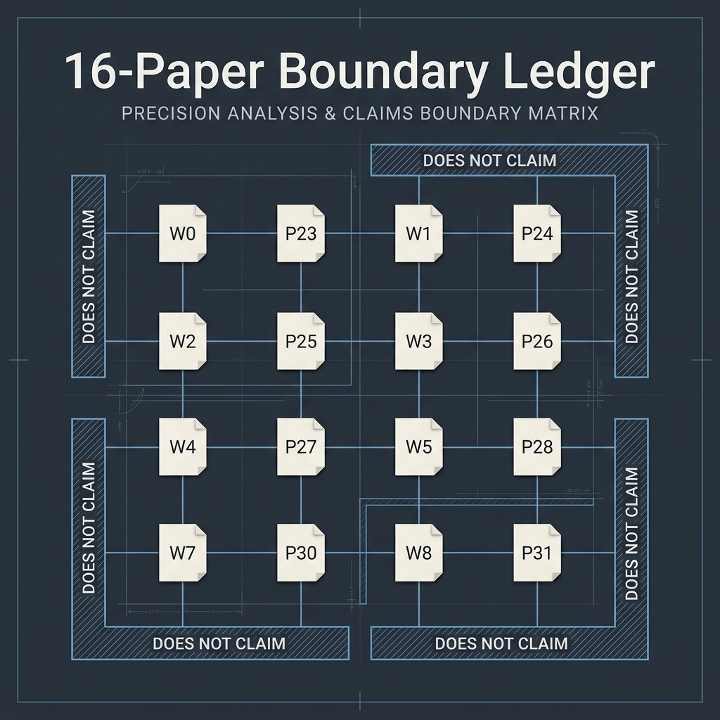 Boundary ledger visual showing a paper matrix surrounded by does_not_claim boundary controls.