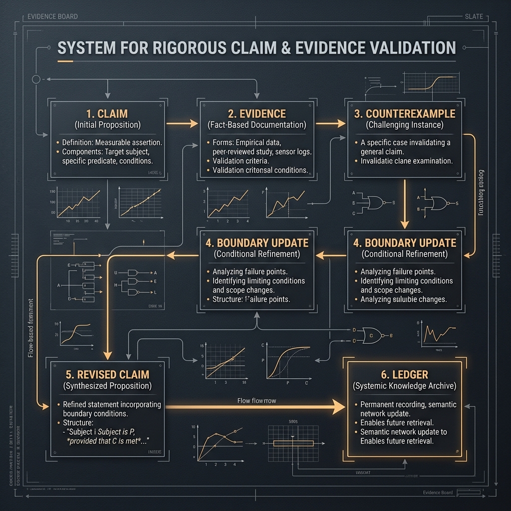 Claim update chain from public claim through evidence and counterexample to revised claim and ledger.