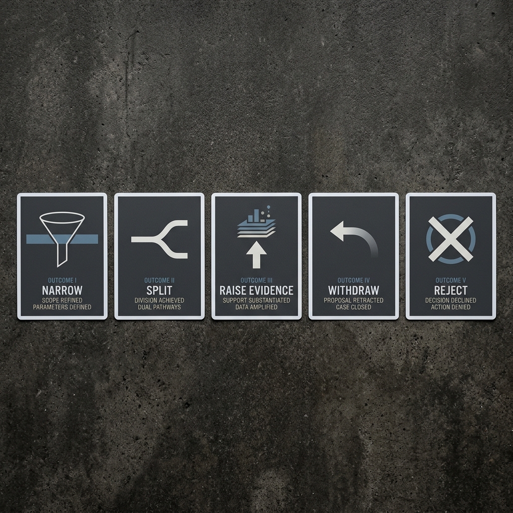 Five outcomes after a valid counterexample: narrow, split, raise evidence, withdraw, or reject with reason.