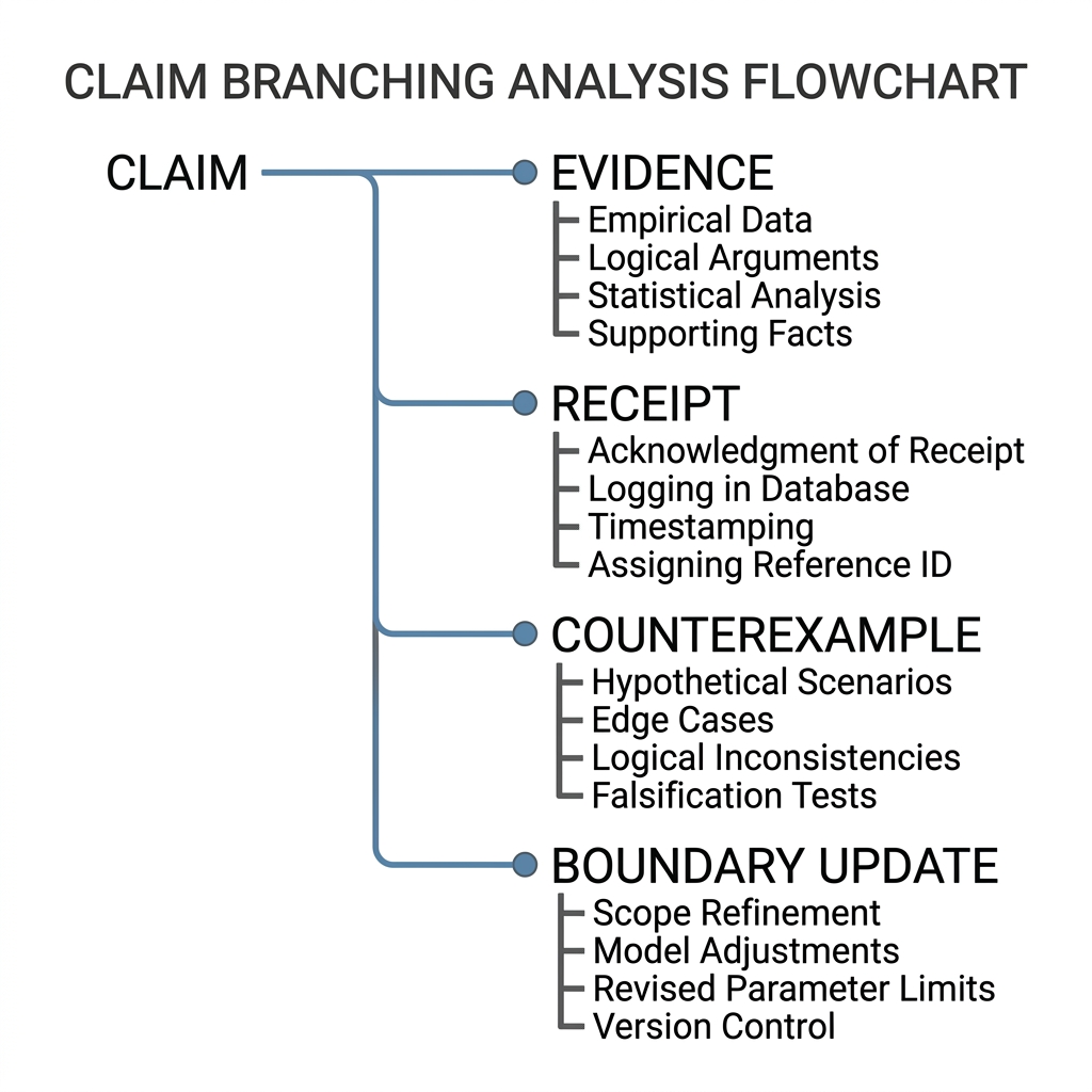A structured counterexample challenge map connecting claim, receipt, replay, counterexample, and boundary update.