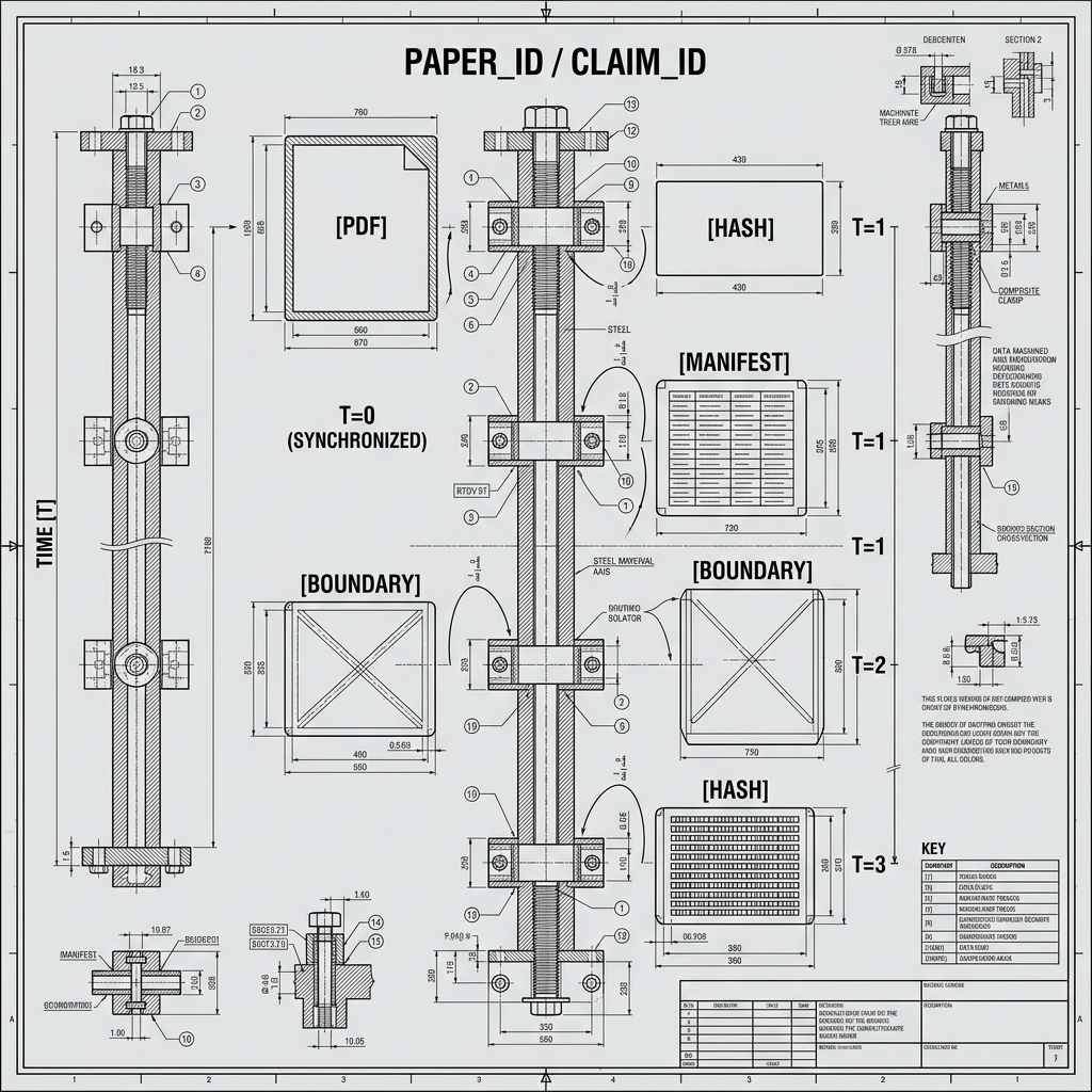 Mechanical schema diagram linking paper_id and claim_id to PDF, manifest, hash, and boundary records across time.