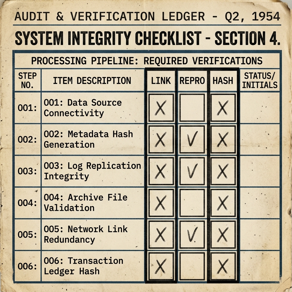 Ledger-style evidence check table with link, reproduction, hash, and status fields.