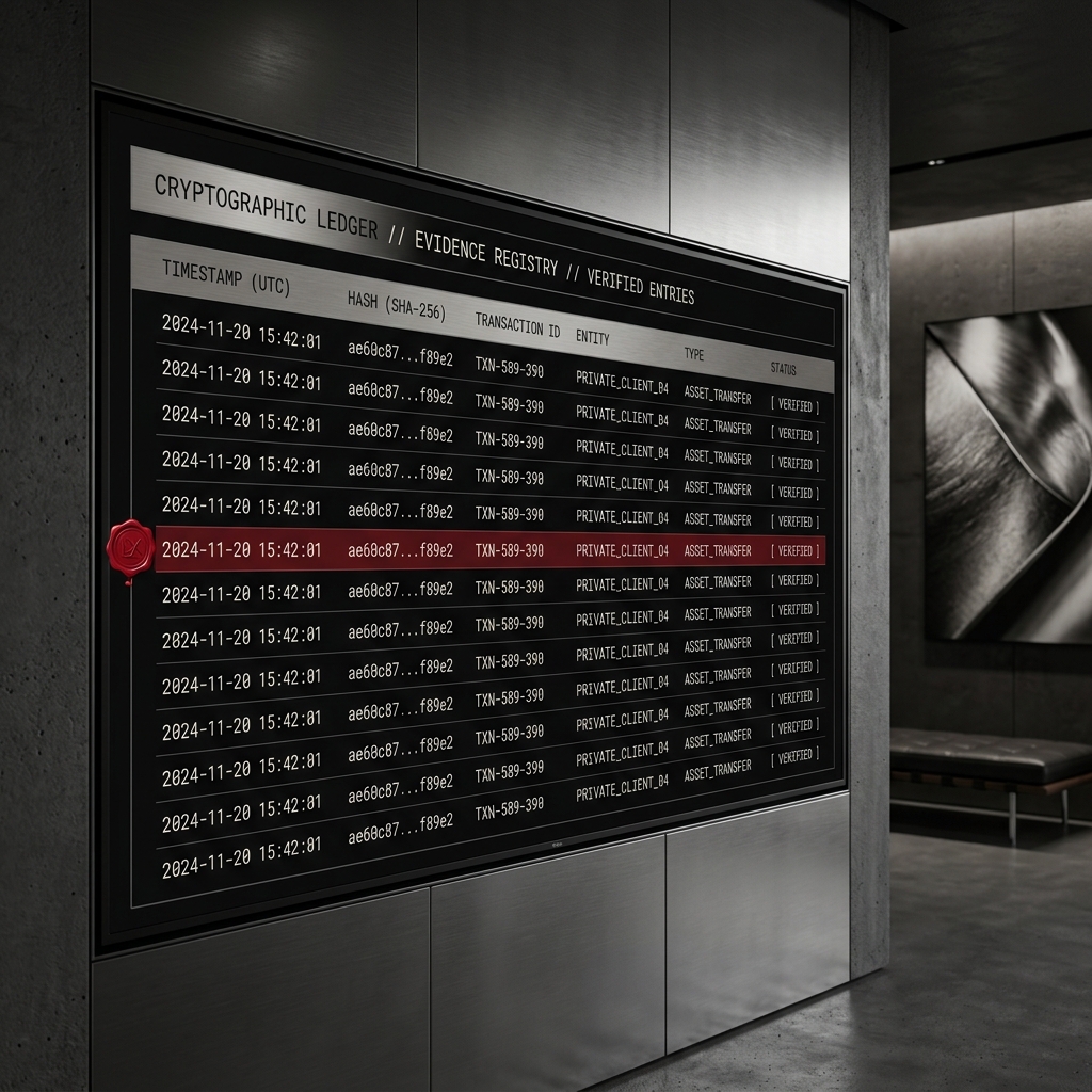 Concept visual of an evidence registry terminal for bounded action receipts.
