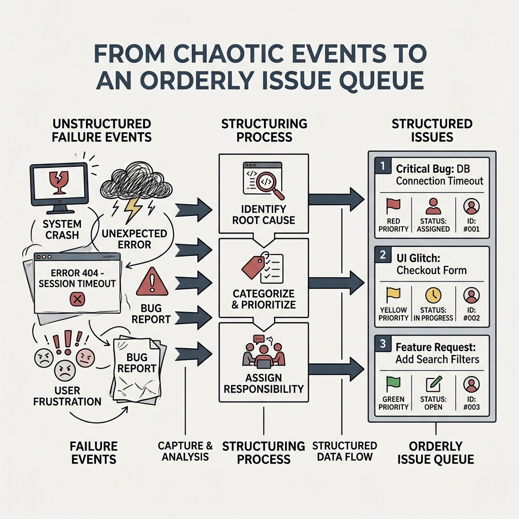 Failure-to-asset queue visual showing a failure event moving into issue triage and boundary repair.