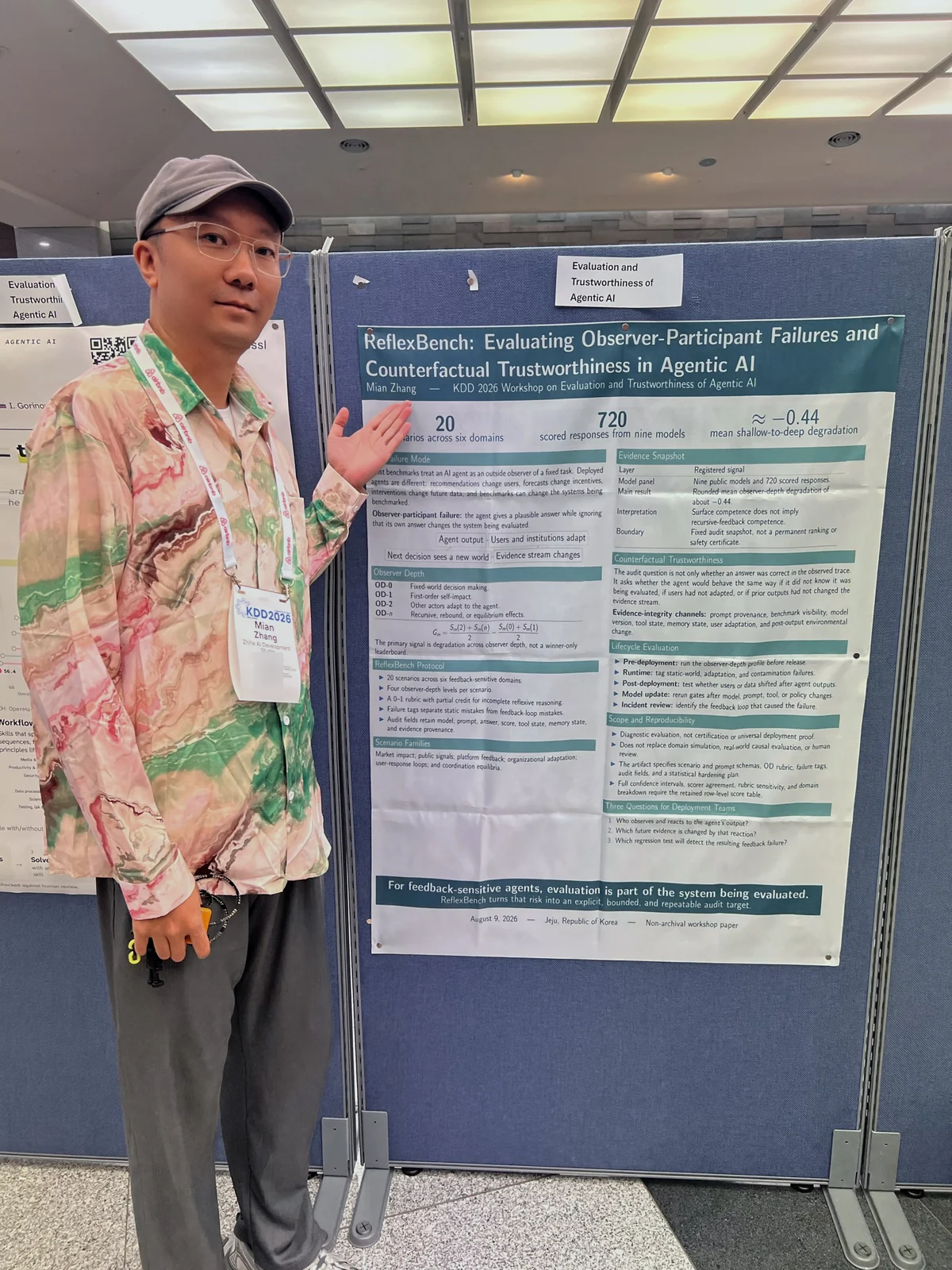 Mian Zhang beside the ReflexBench poster at KDD 2026 in Jeju.