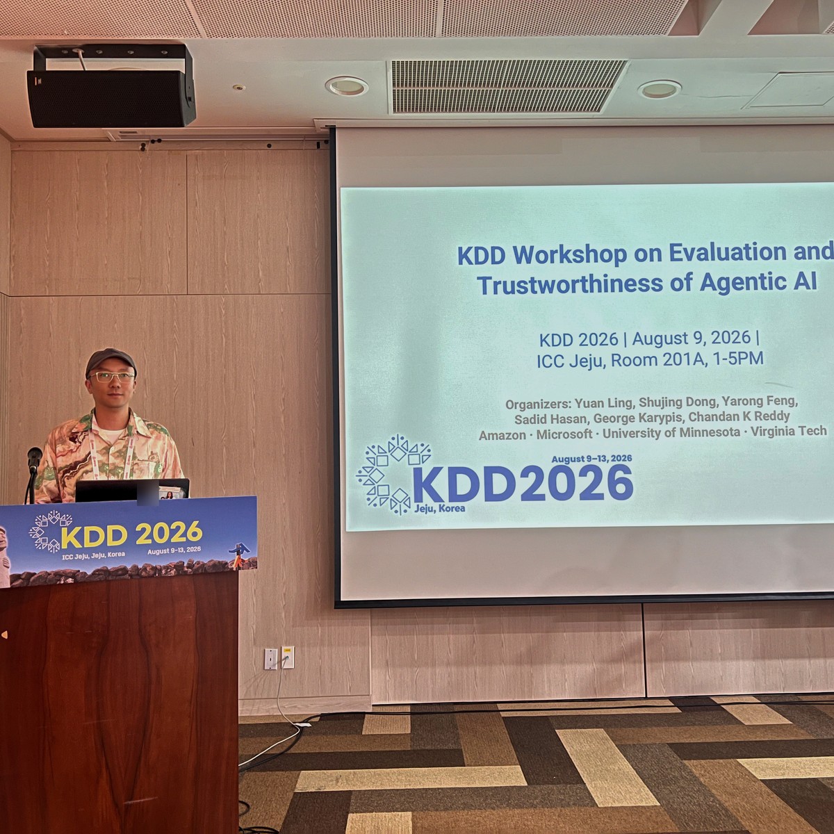 Mian Zhang presenting at the KDD 2026 Workshop on Evaluation and Trustworthiness of Agentic AI in Jeju.