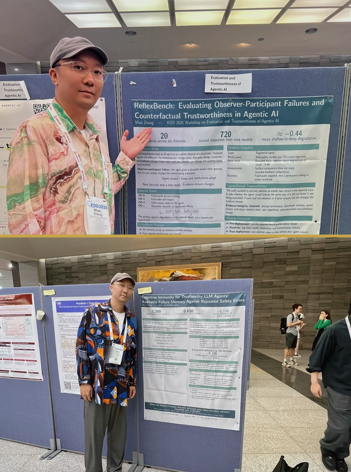 Mian Zhang with the ReflexBench and Cognitive Immunity posters at KDD 2026 in Jeju.