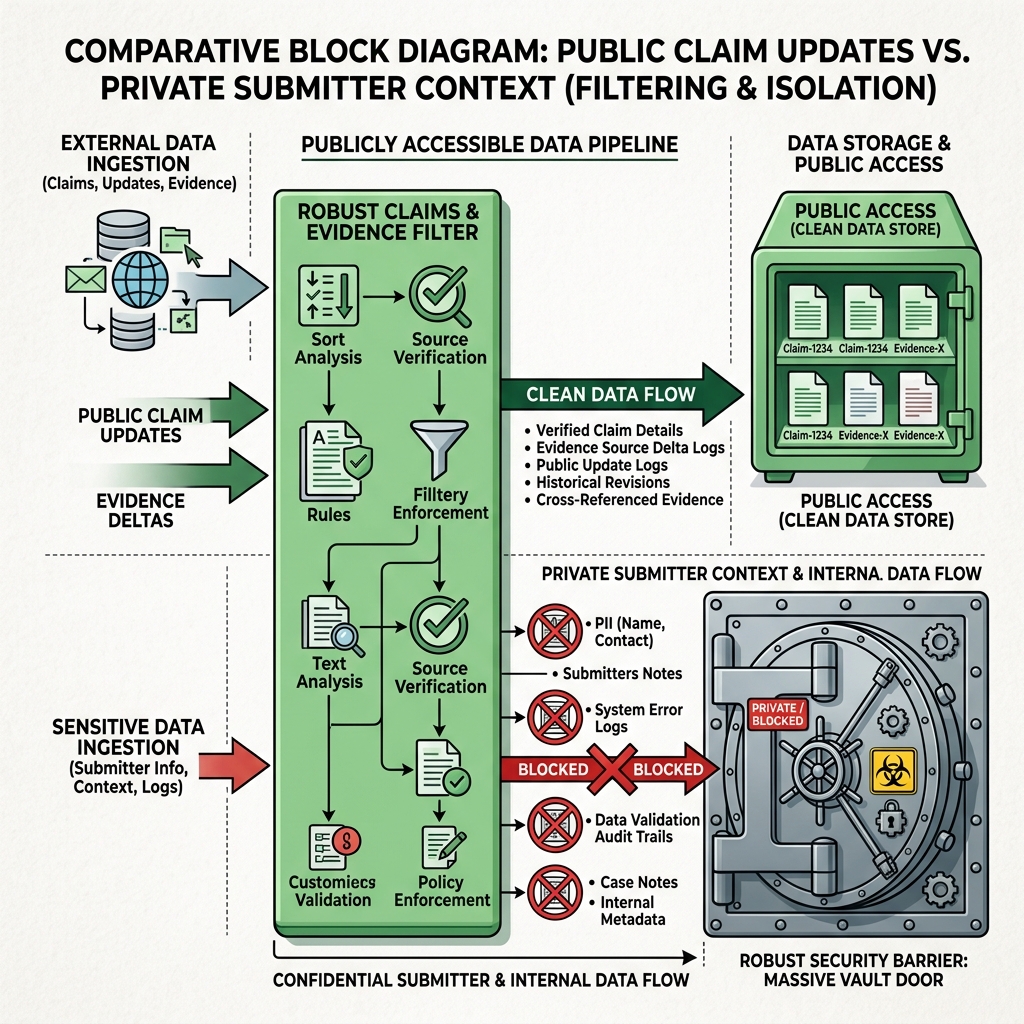 Block diagram separating public claim updates from sensitive context and protected data flow.