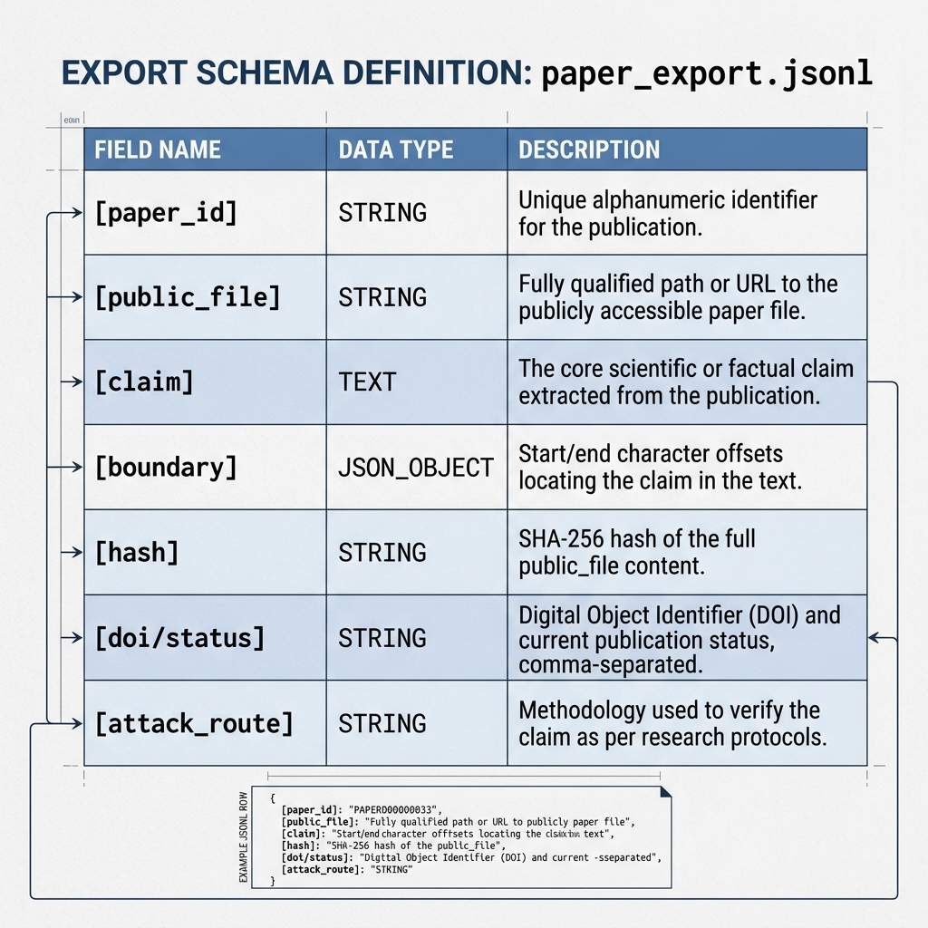 Schema definition visual for paper_export.jsonl with public fields such as paper_id, public_file, claim, boundary, hash, DOI status, and challenge route.