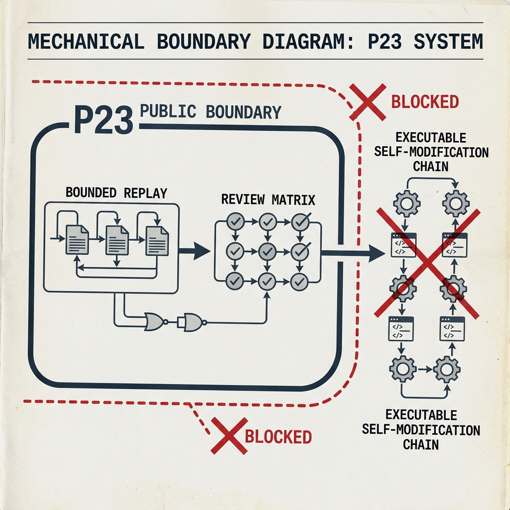 P23 boundary schema showing bounded replay, proof transcript, and action permission fields.