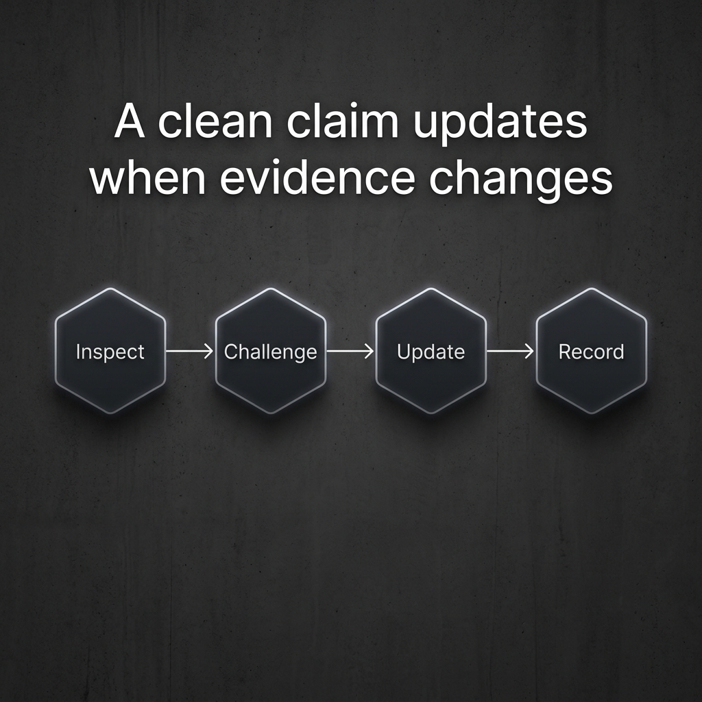 Public claim hygiene loop: inspect, challenge, update, record.