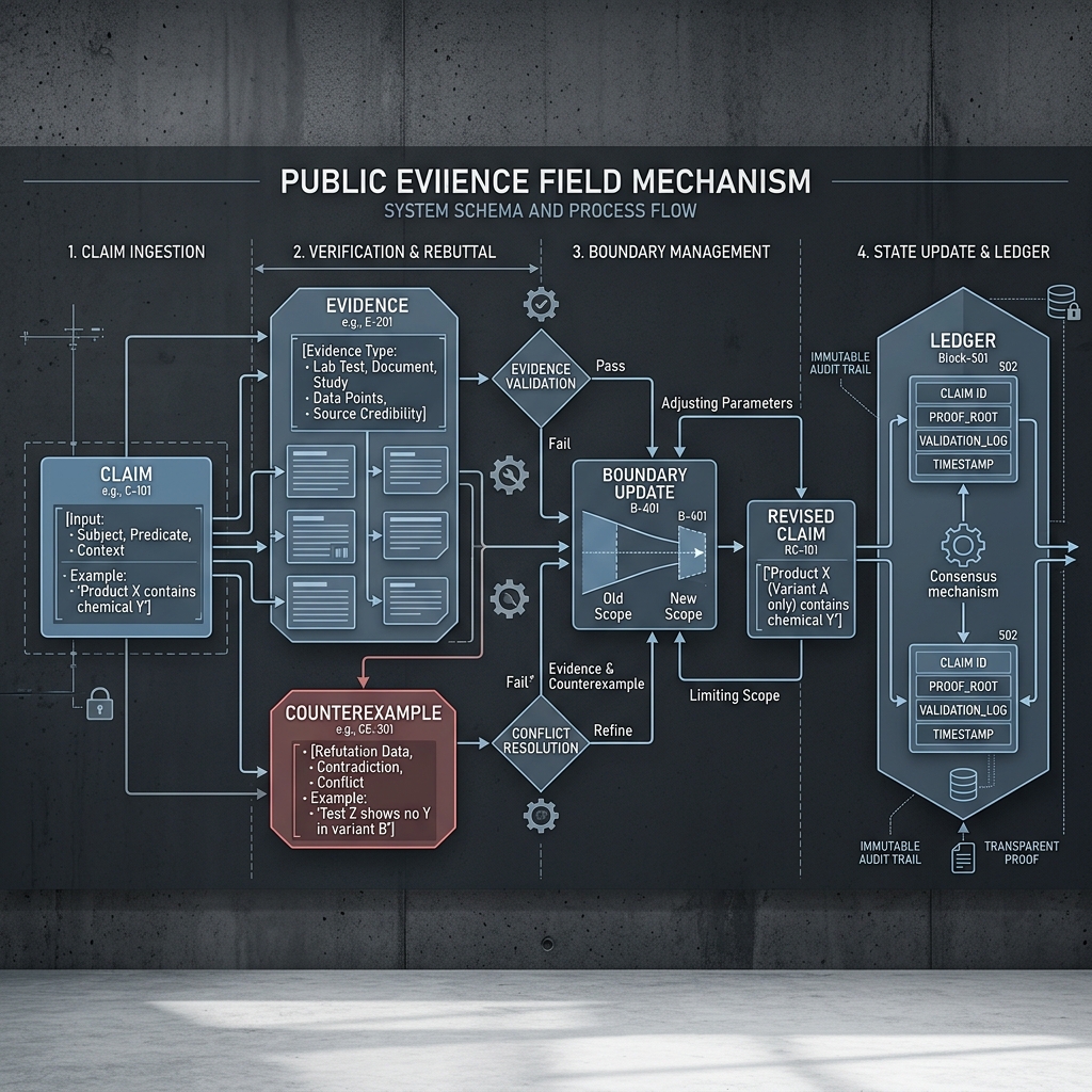 Public evidence field map linking claims, evidence, counterexamples, boundary updates, revised claims, and ledgers.