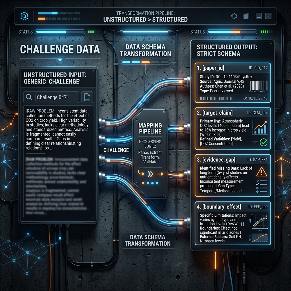 Schema visual mapping generic challenges into paper_id, target_claim, evidence_gap, and boundary_effect fields.