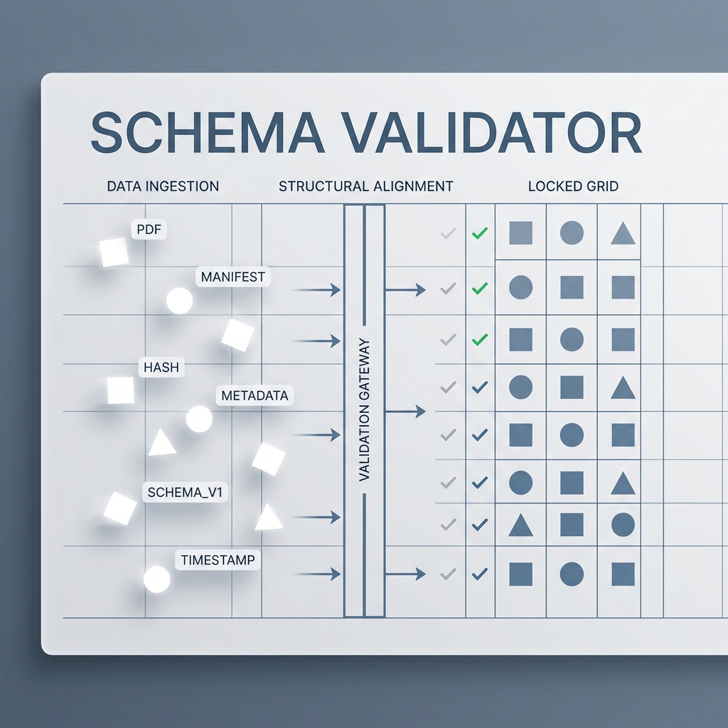Schema validator visual showing PDF, manifest, hash, metadata, schema, and timestamp entering a validation gateway.