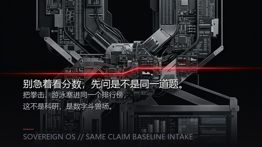 Same-claim baseline intake visual for comparing benchmarks only after input, metric, failure standard, and reproduction route align.