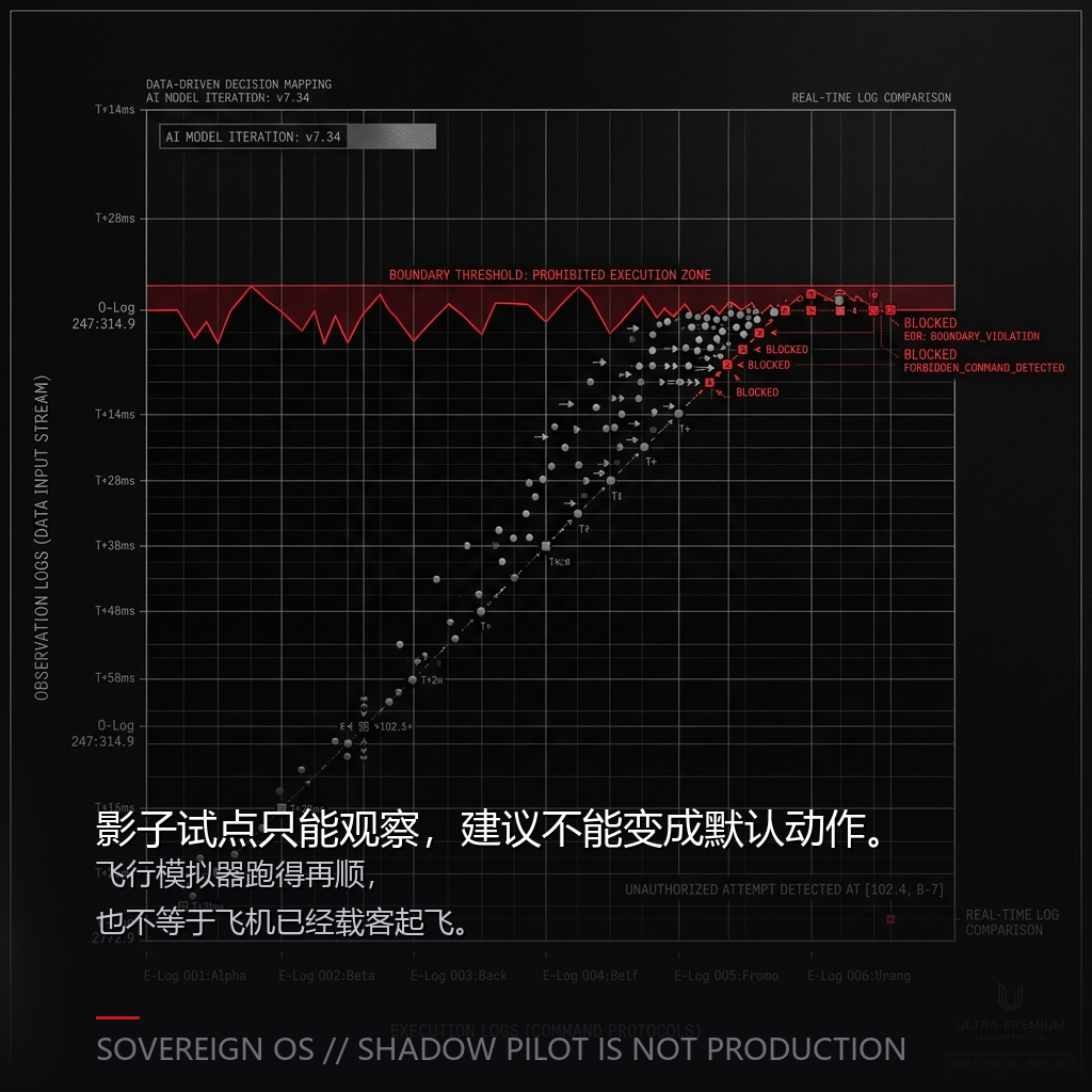 Two-track visual separating shadow observation from production action.