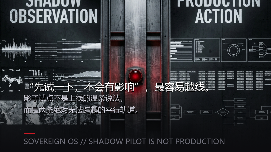 Shadow pilot boundary visual separating observation from production action.