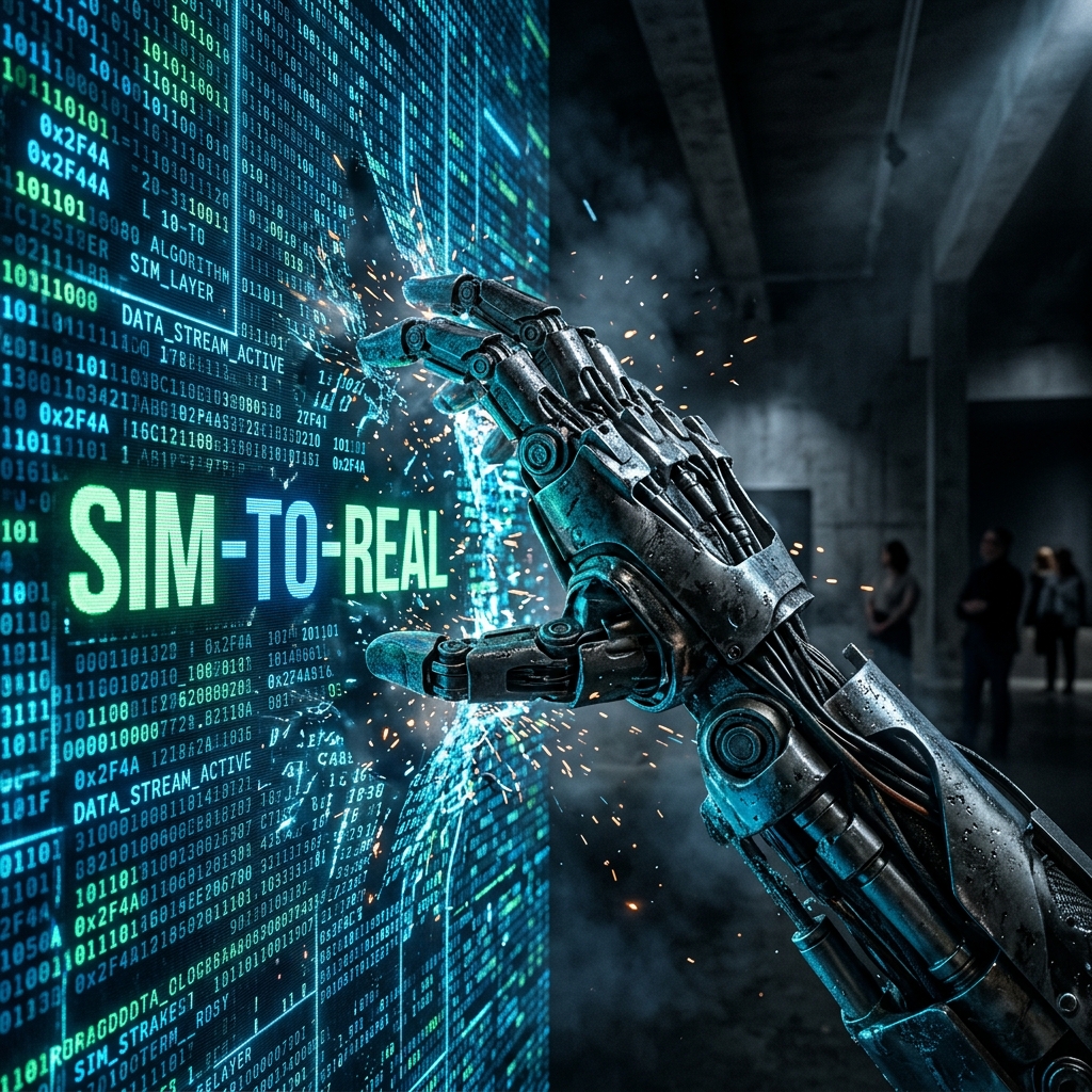 Sim-to-real embodied intelligence visual with layered sensing, physics, and evidence traces.