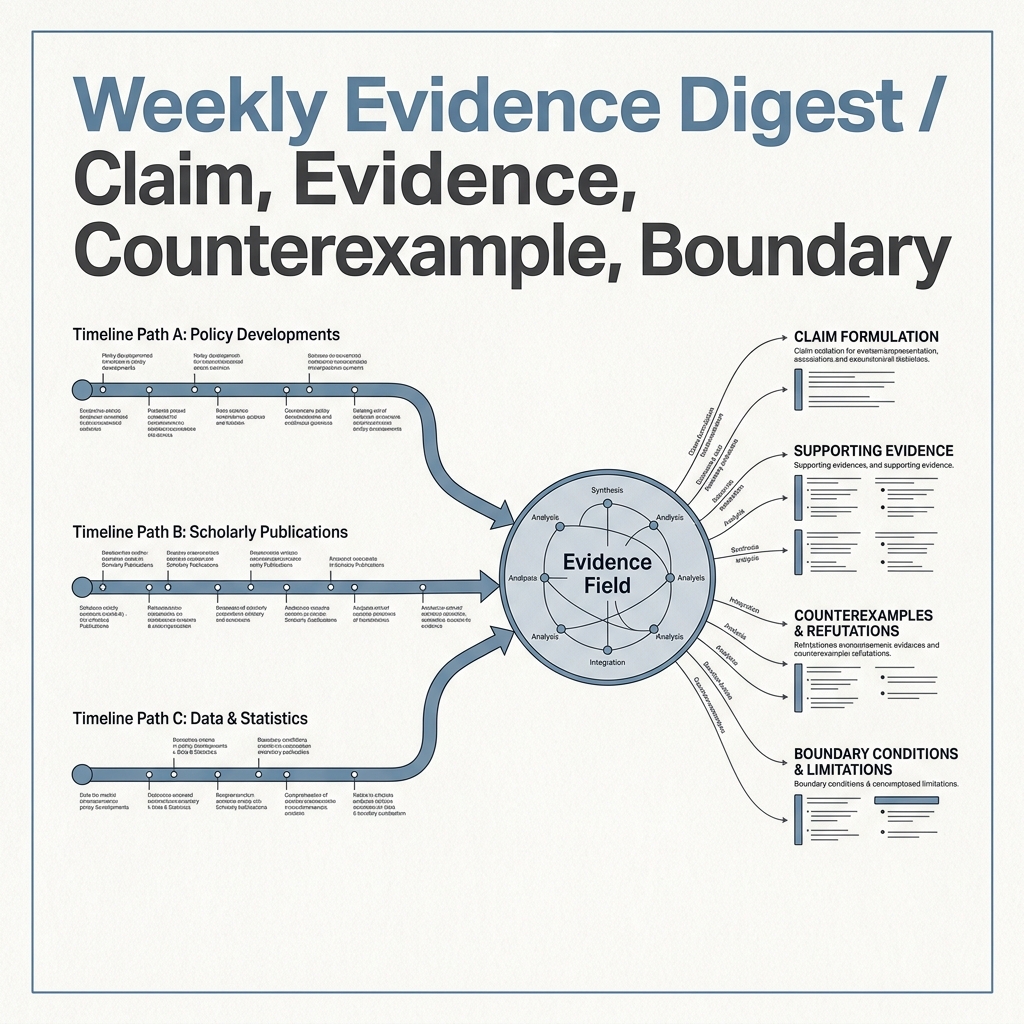 Weekly evidence digest map linking claims, evidence, counterexamples, boundaries, and ledger records.