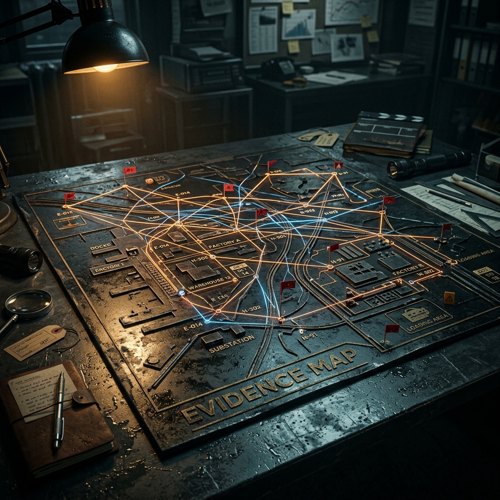Evidence map connecting public claims, artifacts, and challenge routes.